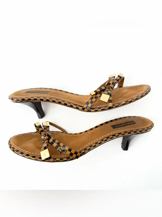 LOUIS VUITTON | Damier Check Kitten Heel Mule Sandals Gold LV Charm EU 38.5 Y2K - Picture 4 of 15